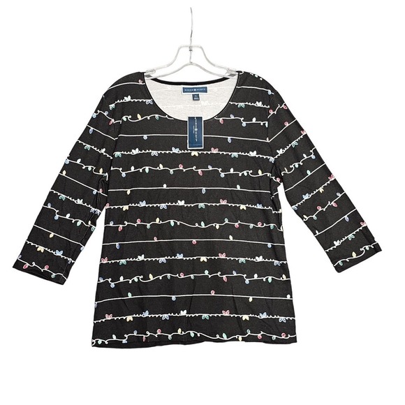 Karen Scott Petite Holiday-Print 3/4-Sleeve Top Deep Black PL - Picture 1 of 6